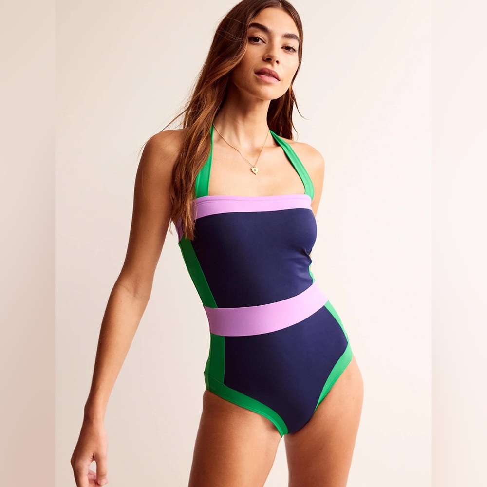 Boden NEW Santorini Halterneck Swimsuit
Navy/ Green Colourblock - Picture 3 of 7